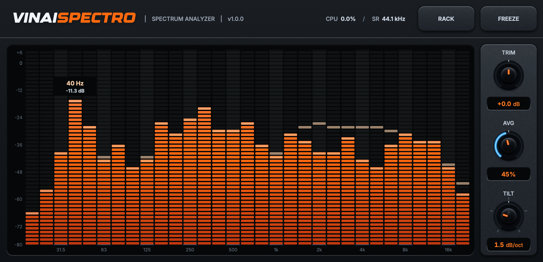 VINAIspectro interface, RACK view